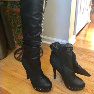 New black studded knee high platform boot.